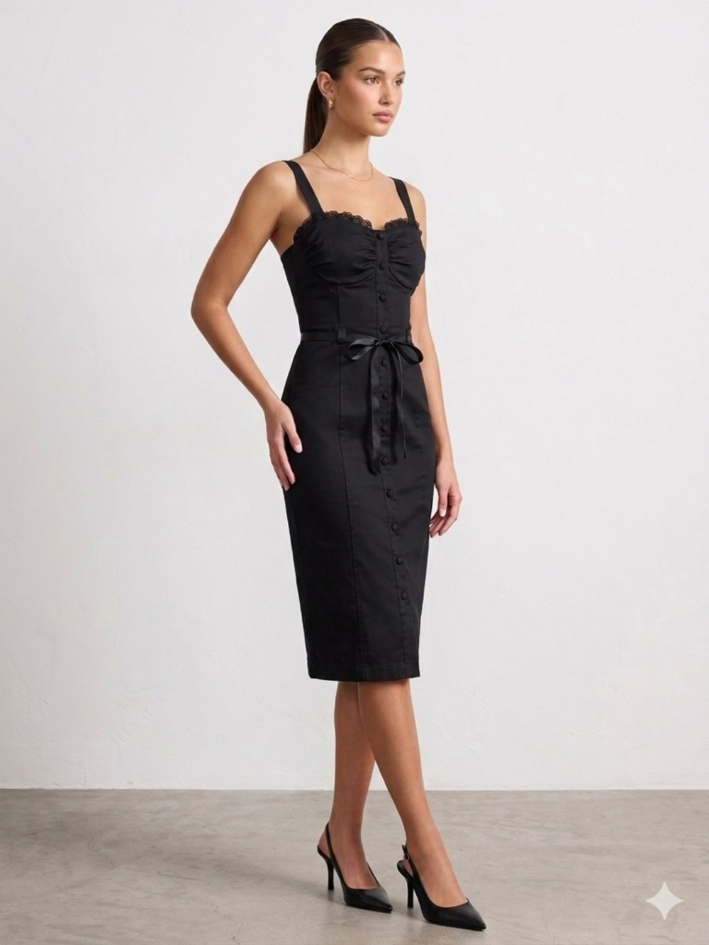 Arden B Black Lace-Trim Midi Dress with Satin Waist Tie y2k vintage